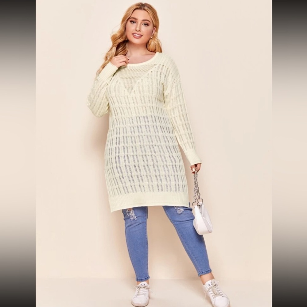 Drop Shoulder Split Hem Textured Longline Sweater